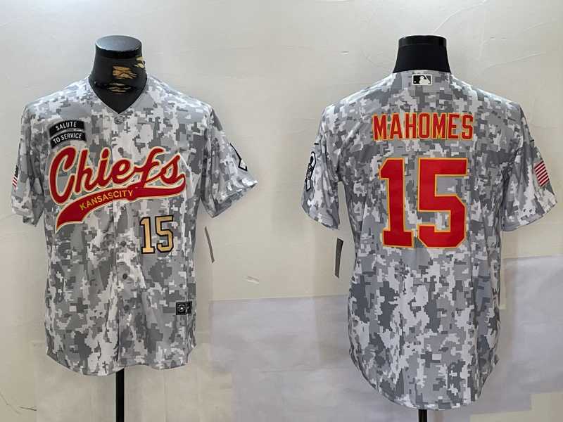 Mens Kansas City Chiefs #15 Patrick Mahomes 2024 Arctic Camo Salute To Service Stitched Baseball Jerseys